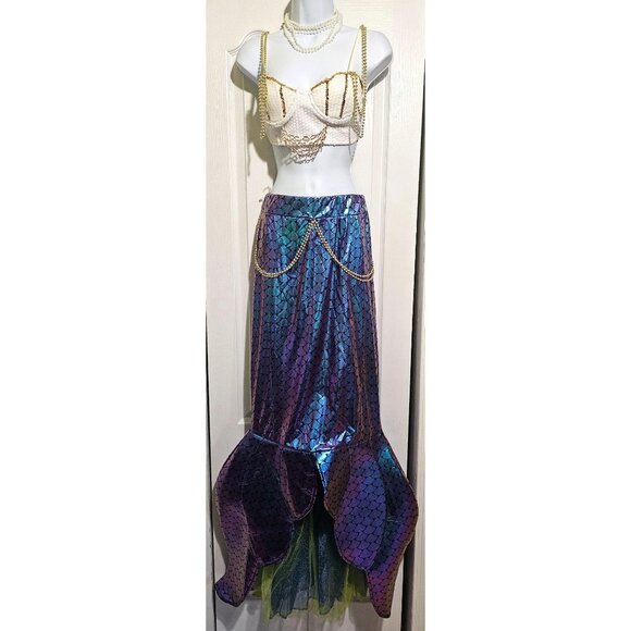 Womens Sexy Mermaid Costume Party King Under The Sea Bra Crop Top Tail Skirt LG - Picture 1 of 7
